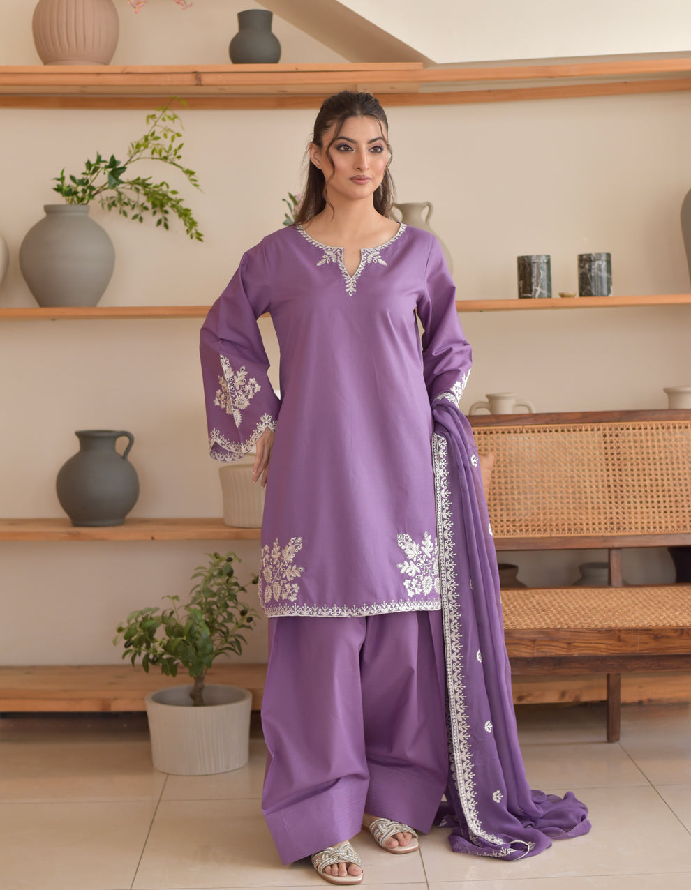 Dhanak-3PC Embroidered Shirt with Dhanak Embroidered Dupatta