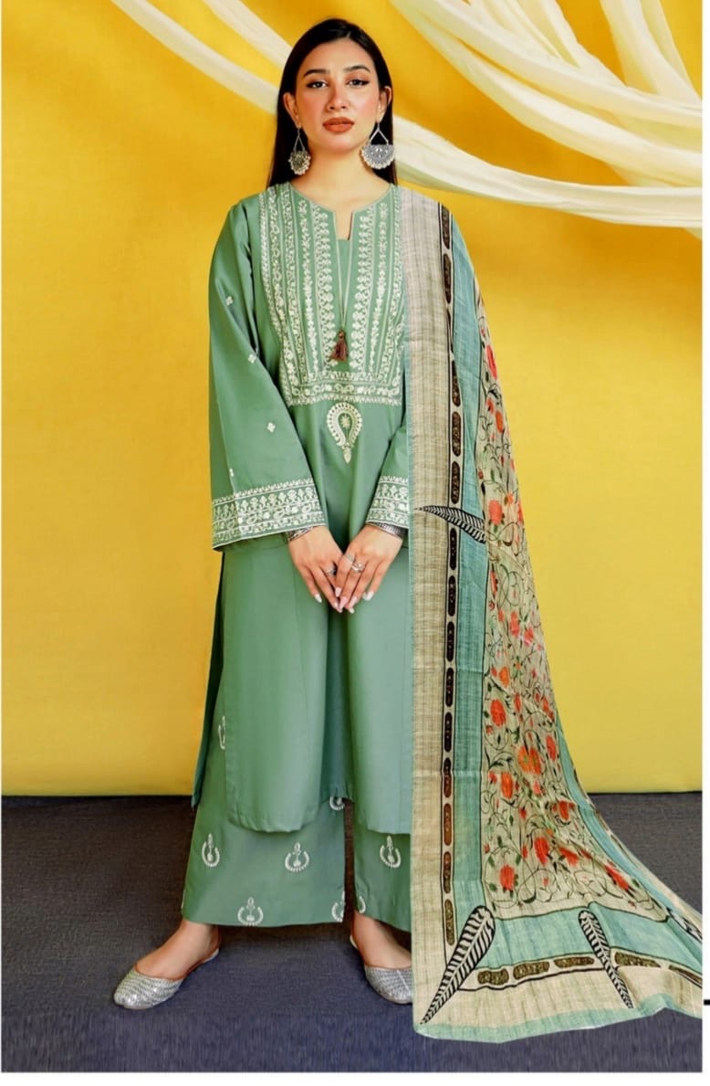 Dhanak-3PC Embroidered Shirt with Digital Printed Wool Shawl