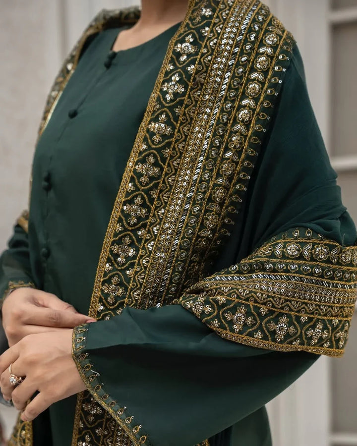 DHANAK -3PC Embroidered Shirt with Sequins Embroidered Dupatta- 8004 B Green