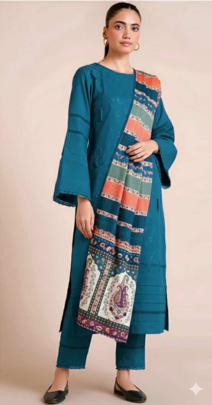 3PC UNSTITCHED HEAVY EMBROIDERED SUIT