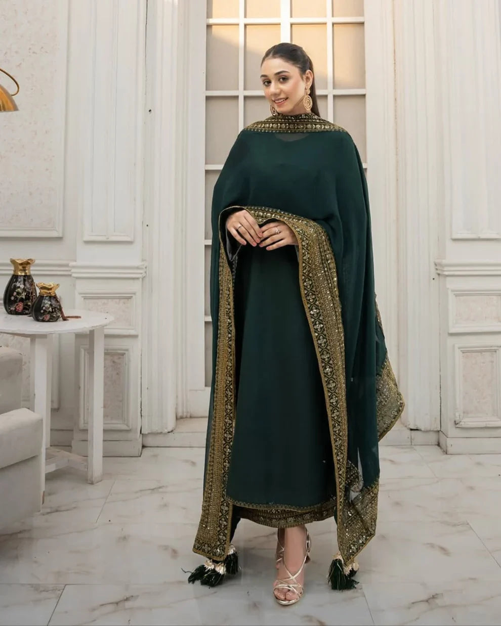 DHANAK -3PC Embroidered Shirt with Sequins Embroidered Dupatta- 8004 B Green