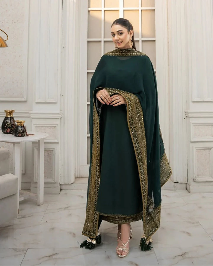 DHANAK -3PC Embroidered Shirt with Sequins Embroidered Dupatta- 8004 B Green