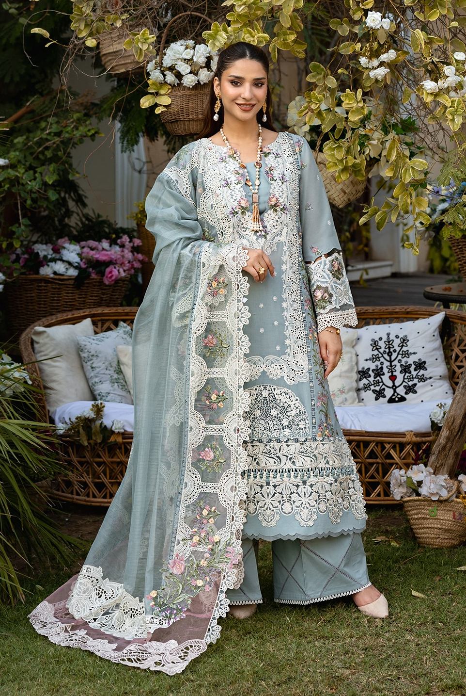 '-3PC DHANAK EMBROIDERED SHIRT WITH  EMBROIDERED SHAWL & TROUSER-BIC-
