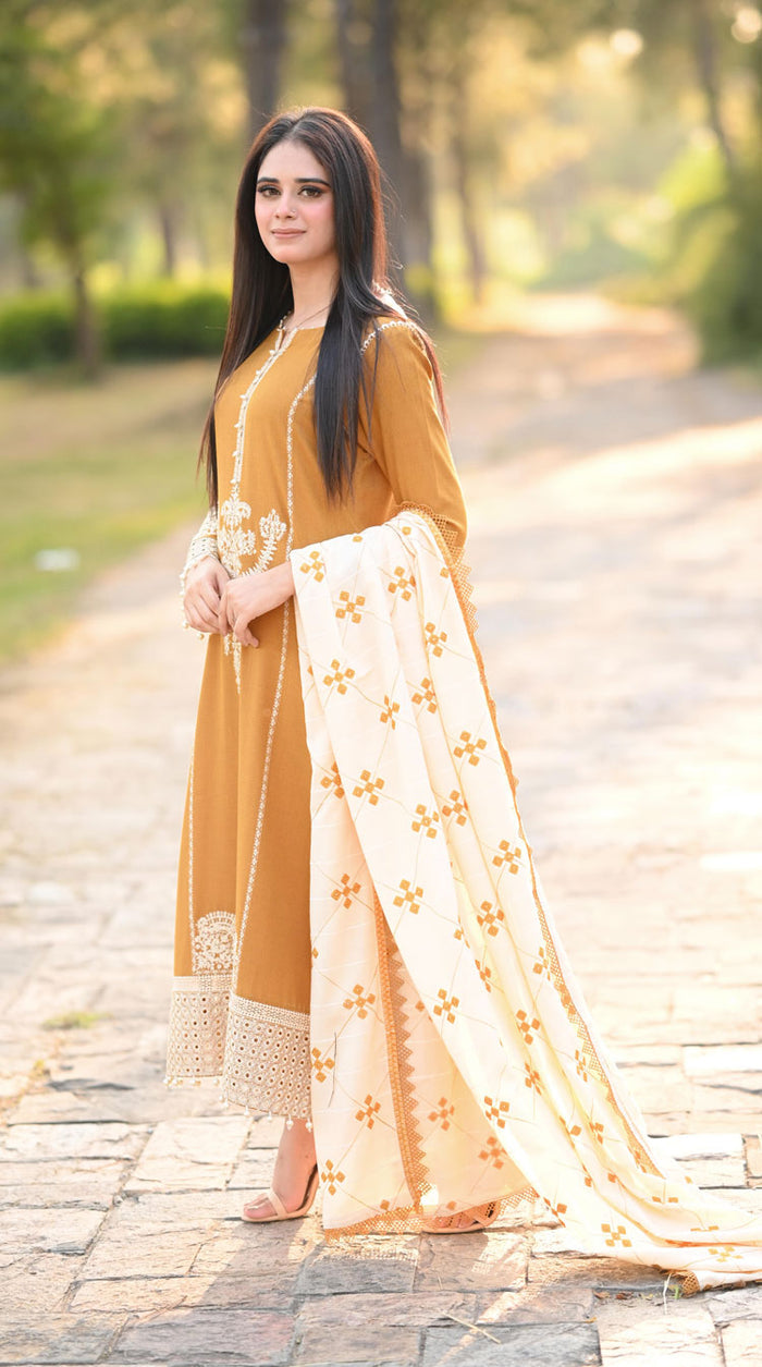Dhanak-3PC Embroidered Shirt with Dhanak Embroidered Shawl