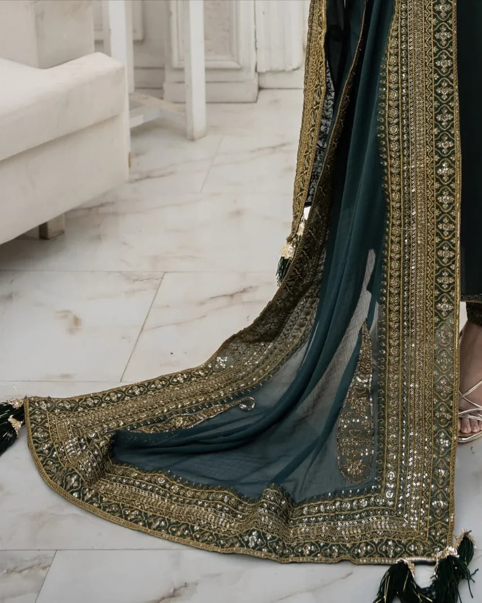 DHANAK -3PC Embroidered Shirt with Sequins Embroidered Dupatta- 8004 B Green