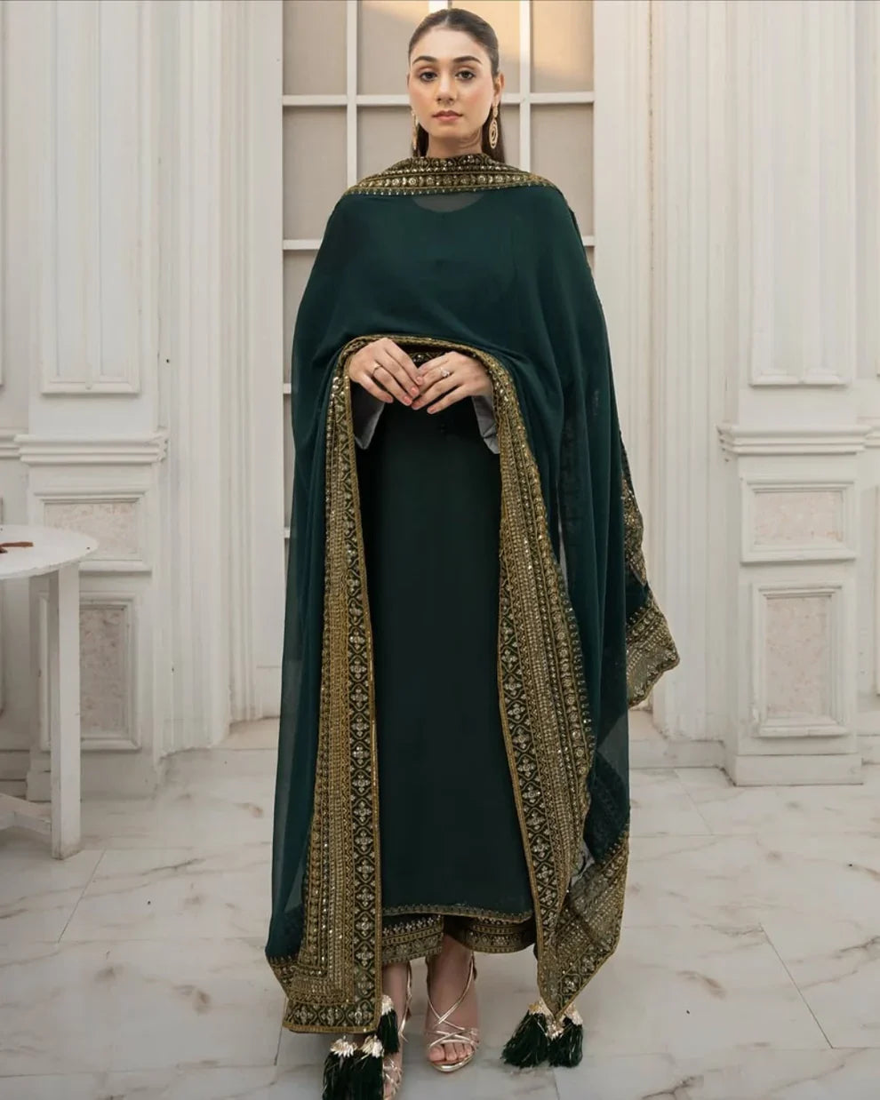 DHANAK -3PC Embroidered Shirt with Sequins Embroidered Dupatta- 8004 B Green