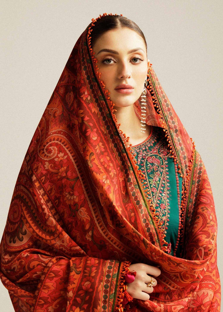 ZAIB-3PC DHANAK EMBROIDERED SHIRT WITH DHANAK EMBROIDERED SHAWL AND TROUSER-BIC-5031