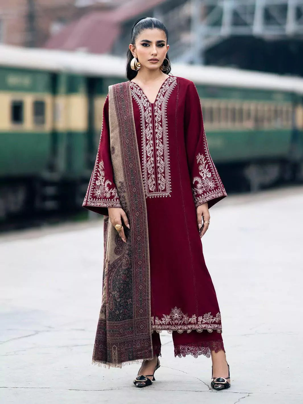 GRACE W570-EMBROIDERED 3PC MARINA DRESS WITH PRINTED SHAWL