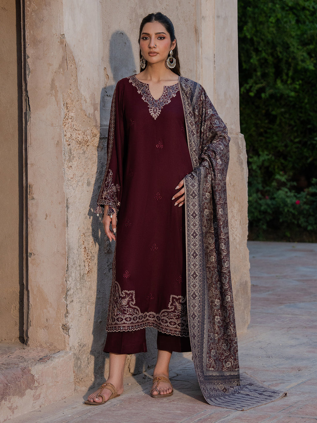IZEL-3PC DHANAK EMBROIDERED SHIRT WITH COURTRAI PRINTED SHAWL & TROUSER-BIC-4364