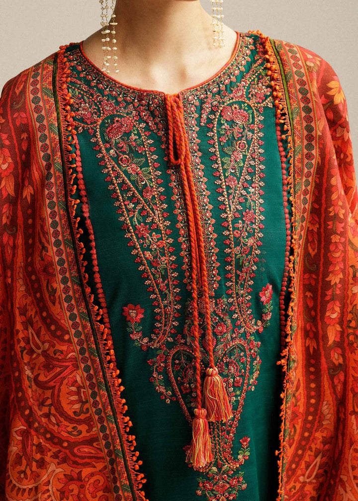 ZAIB-3PC DHANAK EMBROIDERED SHIRT WITH DHANAK EMBROIDERED SHAWL AND TROUSER-BIC-5031