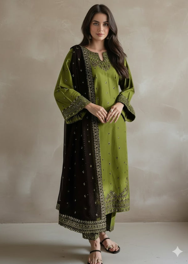 Dhanak-3PC Sequence Embroidered Shirt with  Embroidered Dupatta