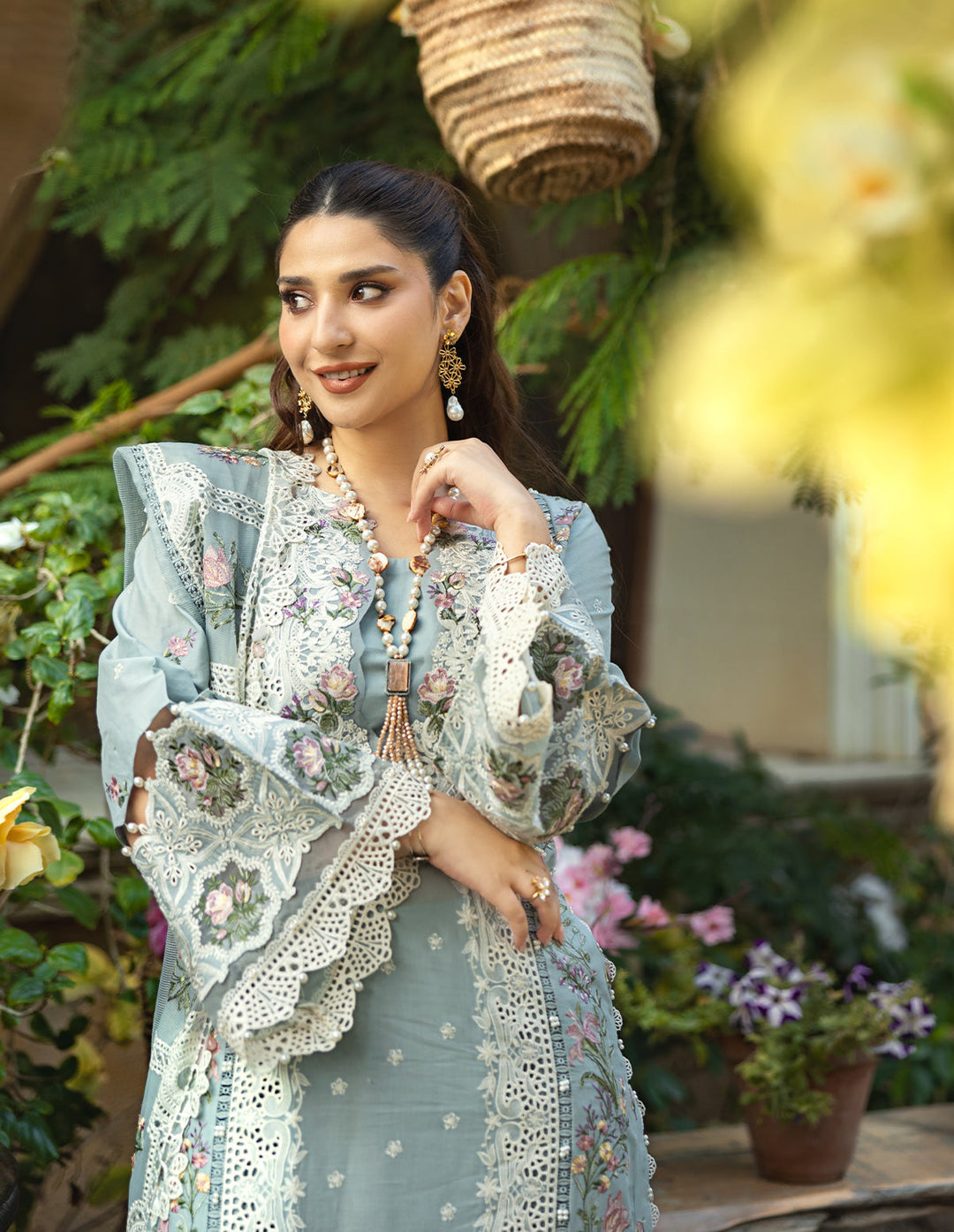 '-3PC DHANAK EMBROIDERED SHIRT WITH  EMBROIDERED SHAWL & TROUSER-BIC-