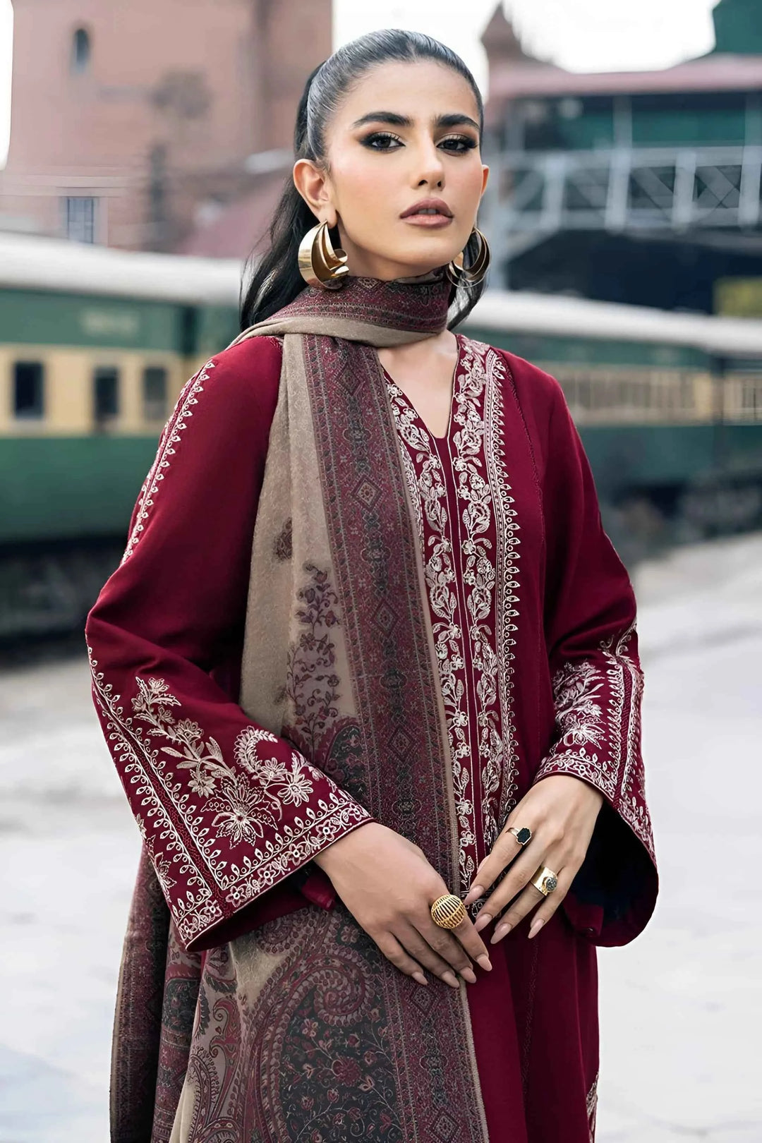 GRACE W570-EMBROIDERED 3PC MARINA DRESS WITH PRINTED SHAWL