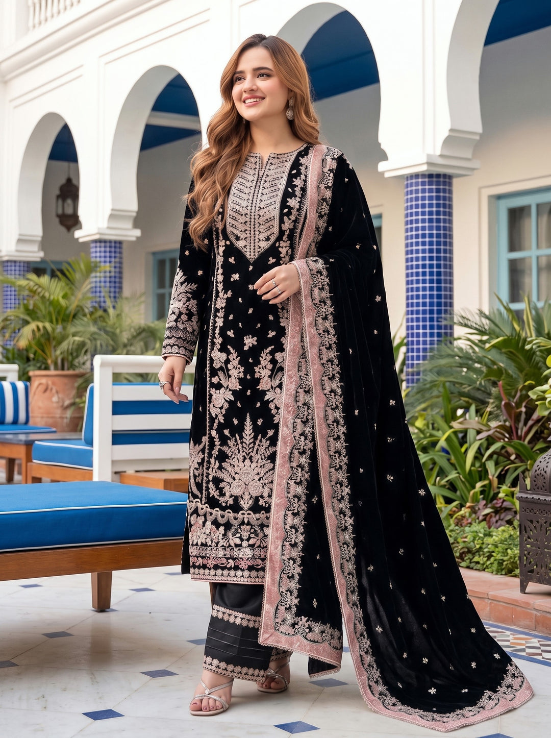 3PC UNSTITCHED DHANAK  EMBROIDERED SHIRT WITH EMBROIDERED SHAWL SA-658