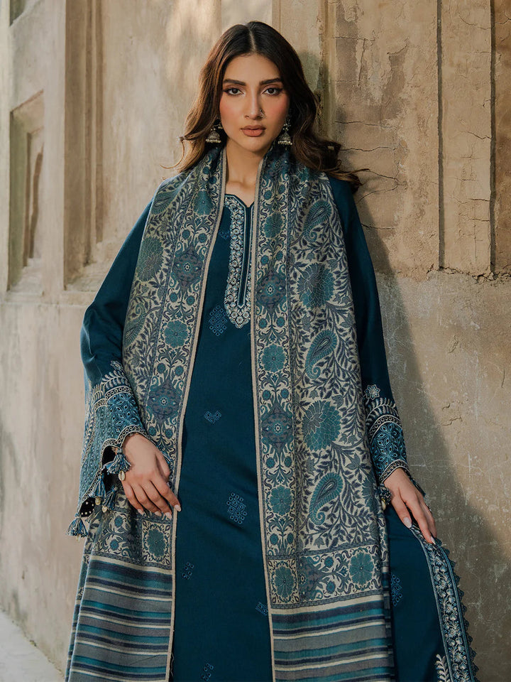 IZEL-3PC DHANAK EMBROIDERED SHIRT WITH COURTRAI PRINTED SHAWL & TROUSER-BIC-4364 B
