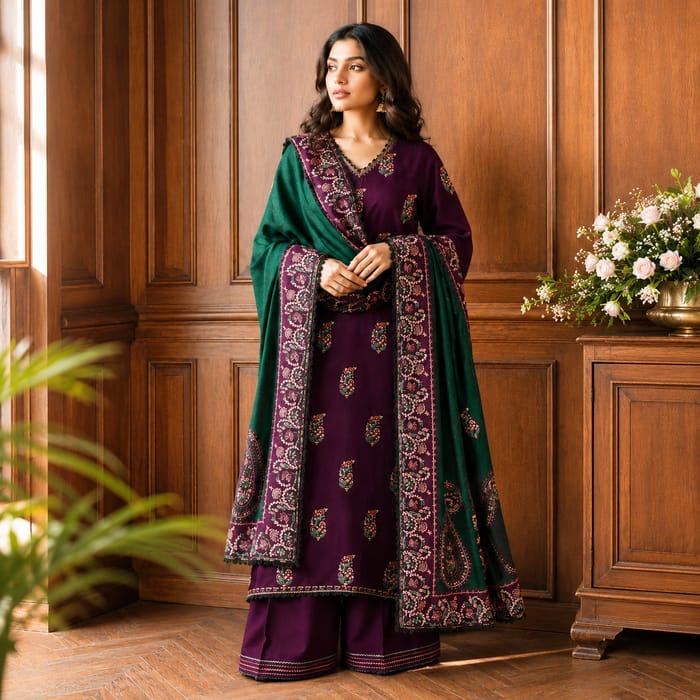 Dhanak-3PC Embroidered Shirt with Dhanak Embroidered Shawl - 110