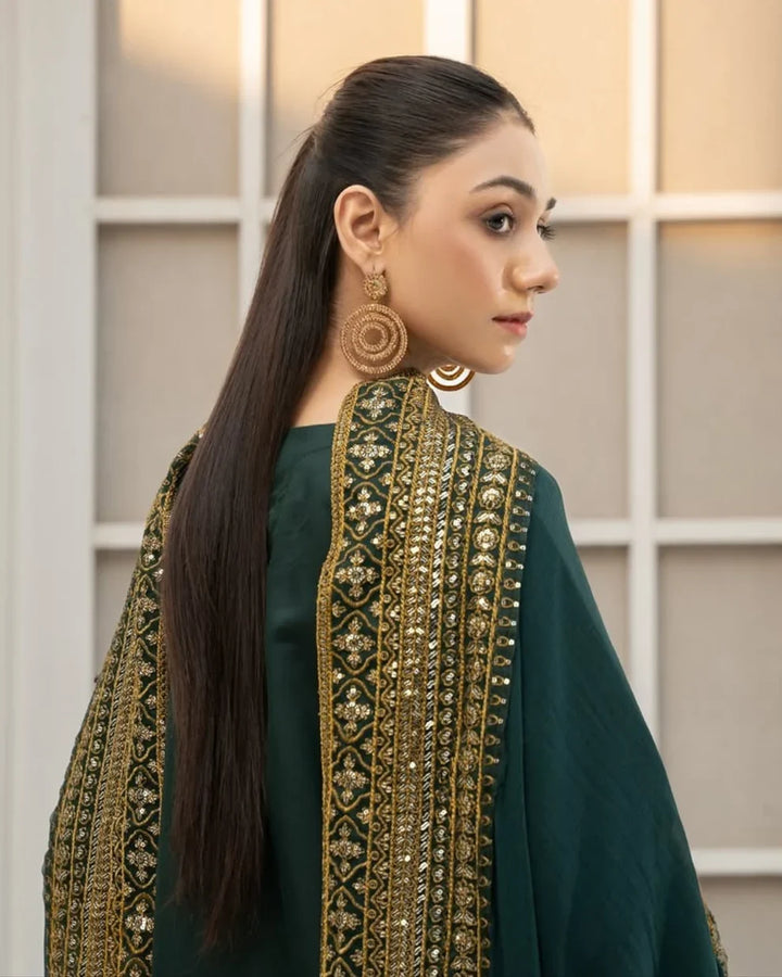 DHANAK -3PC Embroidered Shirt with Sequins Embroidered Dupatta- 8004 B Green