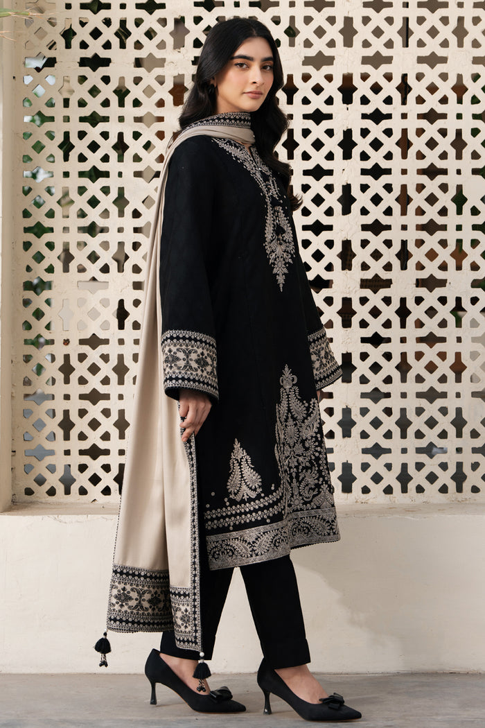 DHANAK-3PC EMBROIDERED SHIRT WITH DIGITAL PRINTED WOOL SHAWL