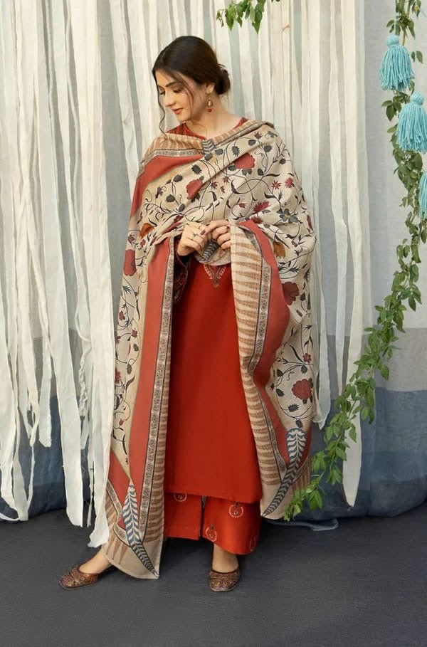 Dhanak-3PC Embroidered Shirt with Digital Printed Wool Shawl