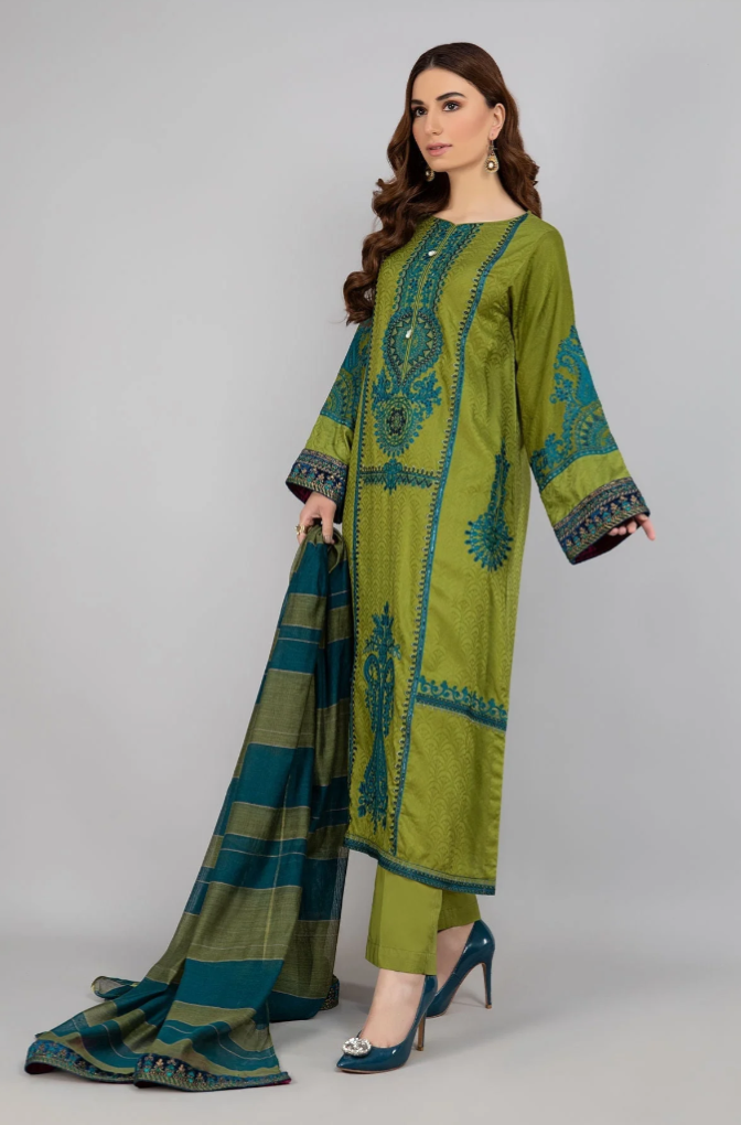 3PC DHANAK EMBROIDERED SHIRT WITH DHANAK EMBROIDERED SHAWL AND TROUSER-BIC-5031