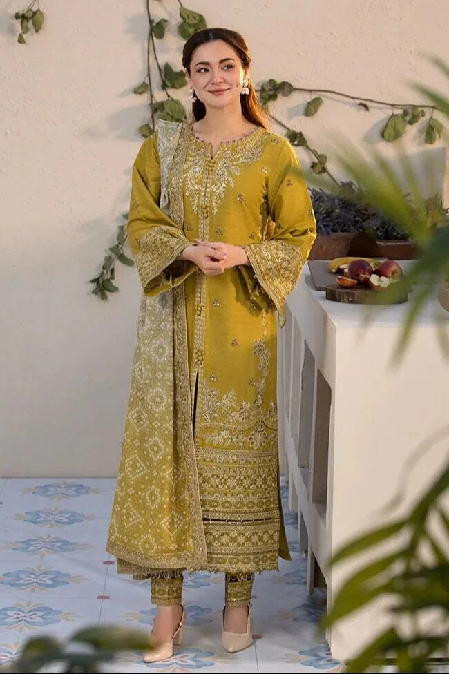 EMBROIDERED 3PC MARINA DRESS WITH PRINTED SHAWL