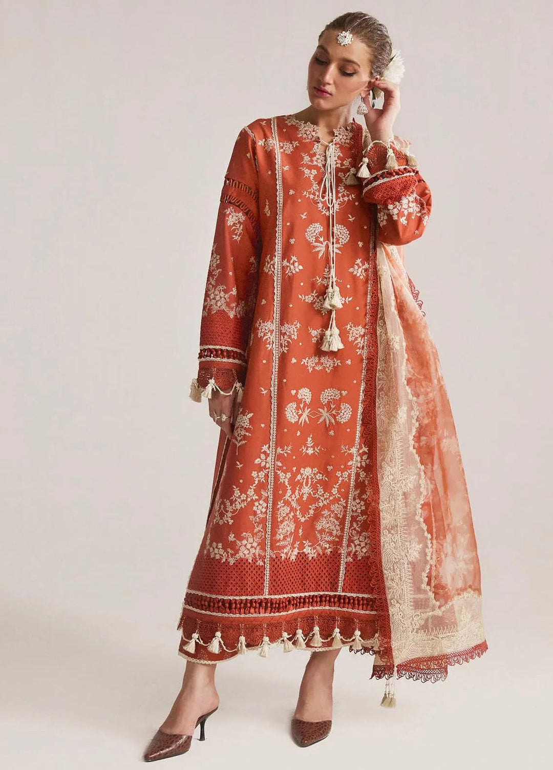 ELEGANT DHANK SUIT WITH HEAVY NECK EMBROIDERY & PRINTED SHAWL