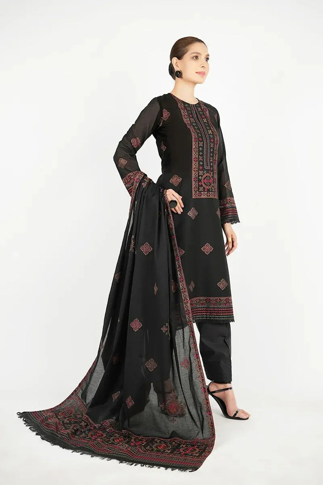 DHANAK 3PC EMBROIDERED DRESS WITH READY TO WEAR HEAVY EMBROIDERY SHAWL