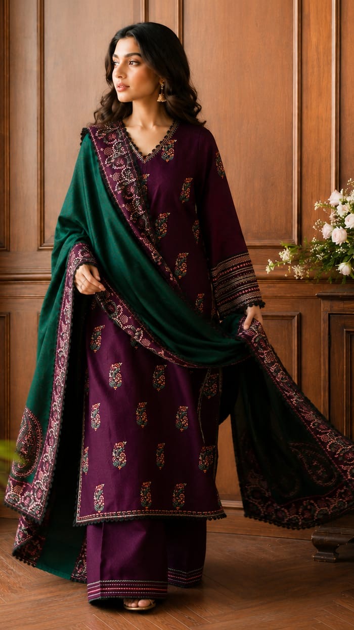 Dhanak-3PC Embroidered Shirt with Dhanak Embroidered Shawl - 110