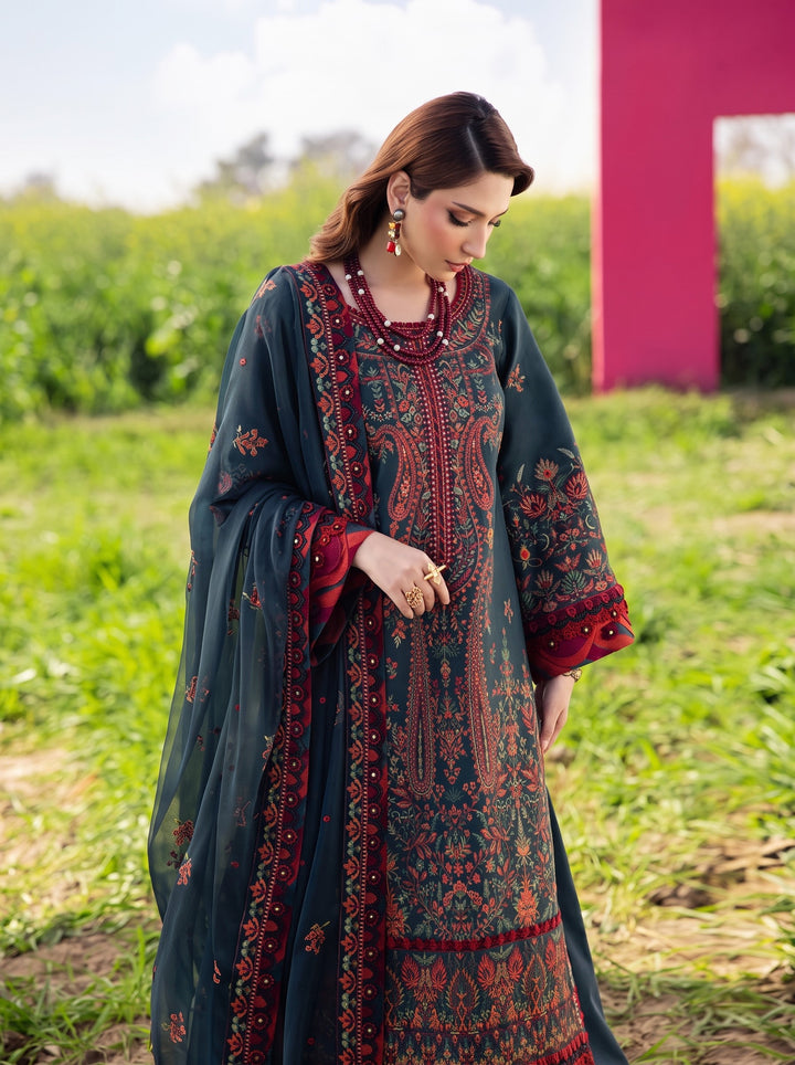 3PC UNSTITCHED DHANAK  EMBROIDERED SHIRT WITH EMBROIDERED SHAWL SA-653