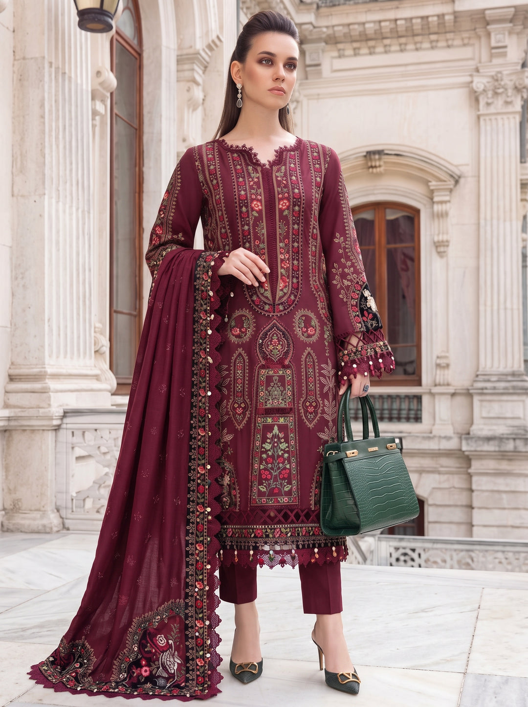 3PC DHANAK EMBROIDERED SHIRT WITH  EMBROIDERED SHAWL SA-651-B