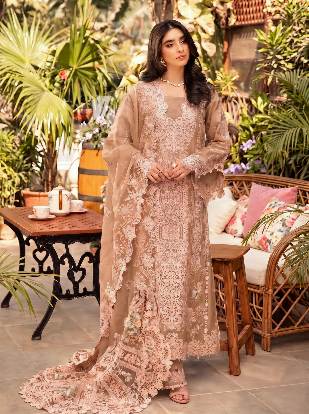 3PC DHANAK EMBROIDERED SHIRT WITH  EMBROIDERED SHAWL & TROUSER-SA-662-B