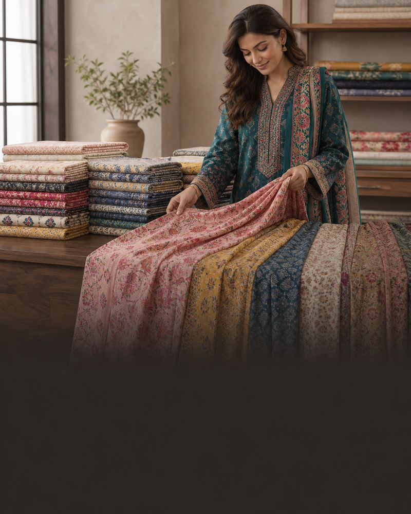 Customer browsing colorful printed CHARIZMA fabrics