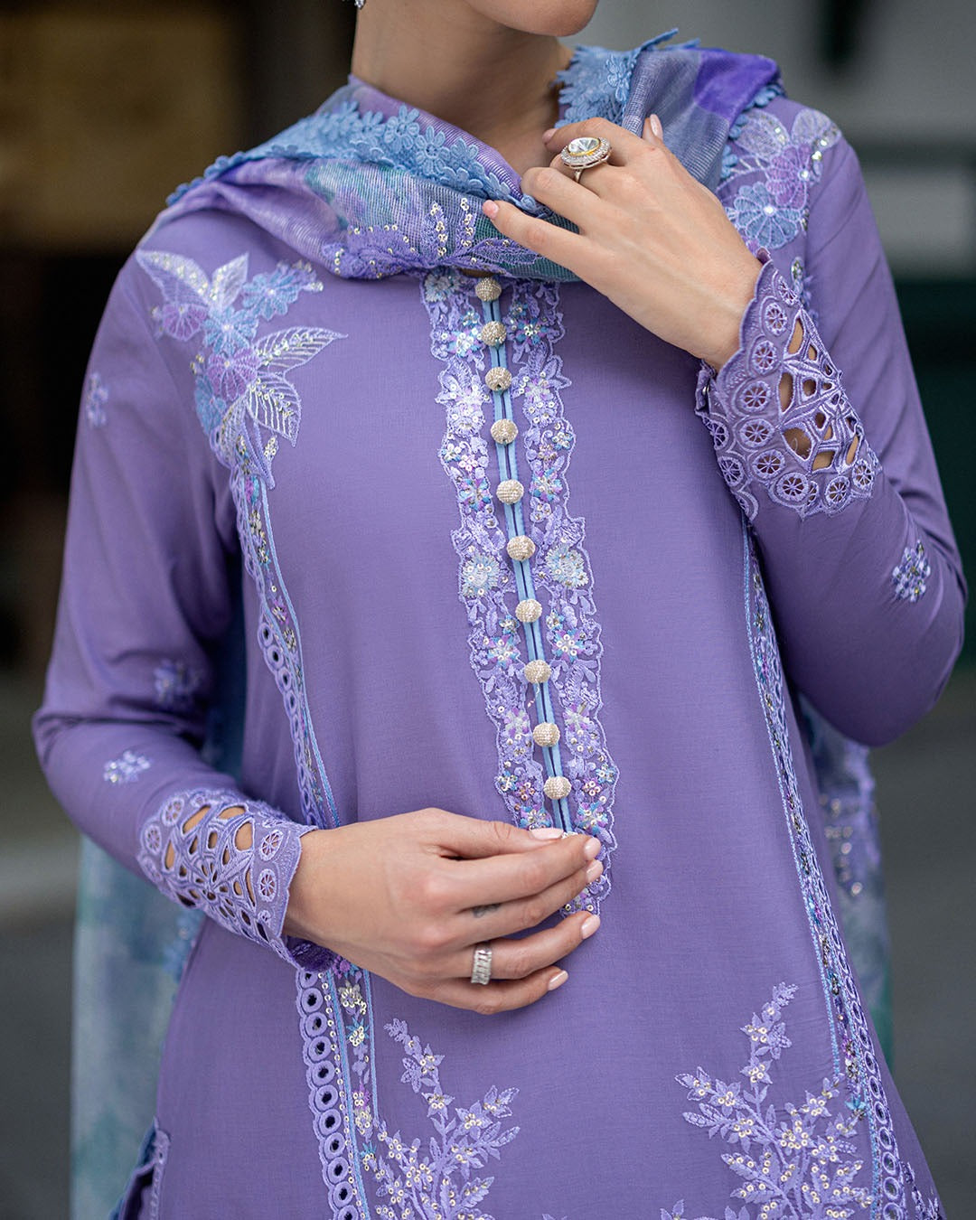 3PC UNSTITCHED DHANAK  EMBROIDERED SHIRT WITH PRINTED SHAWL SA-PURPLE