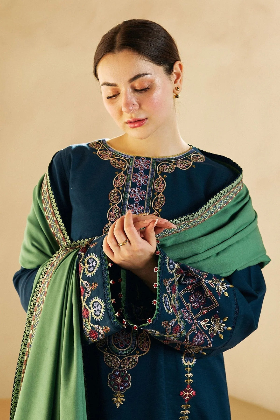 3PC UNSTITCHED DHANAK  EMBROIDERED SHIRT WITH EMBROIDERED SHAWL SA