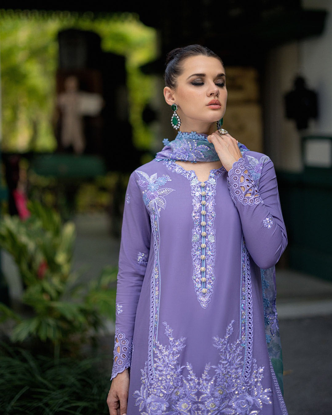 3PC UNSTITCHED DHANAK  EMBROIDERED SHIRT WITH PRINTED SHAWL SA-PURPLE