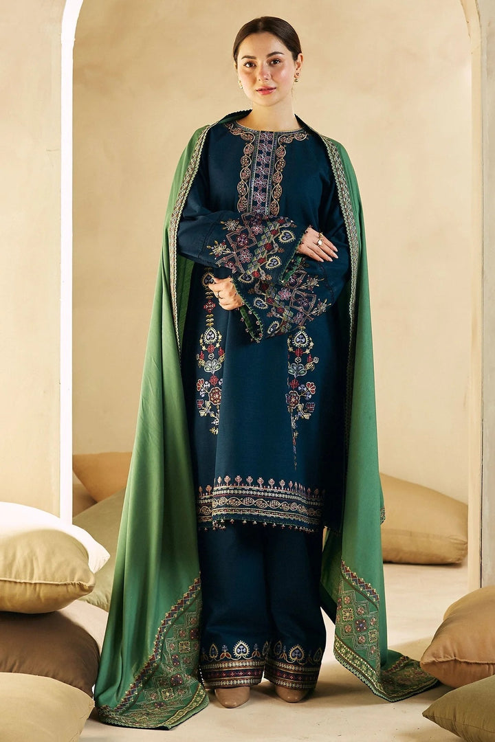 3PC UNSTITCHED DHANAK  EMBROIDERED SHIRT WITH EMBROIDERED SHAWL SA