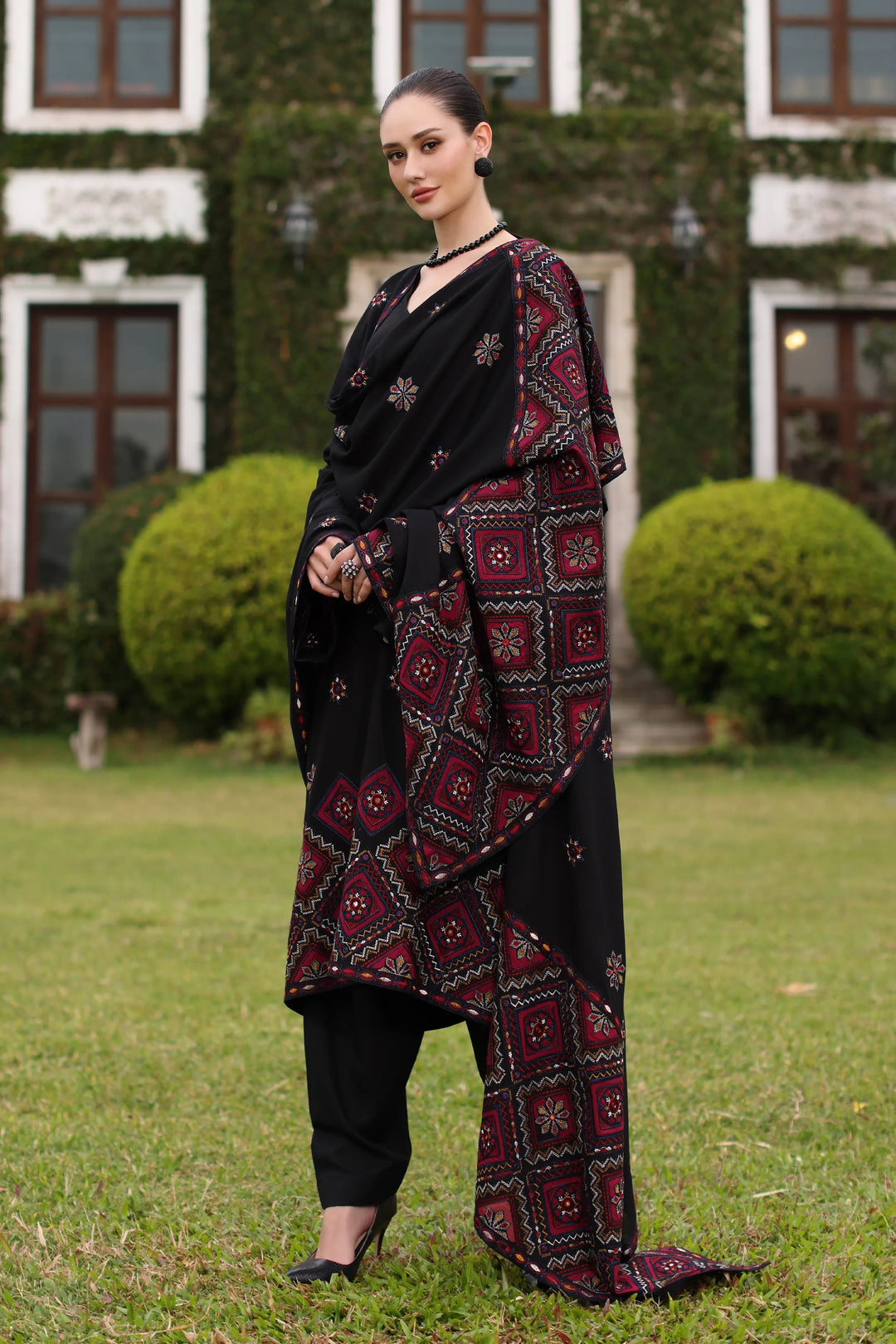 3PC UNSTITCHED DHANAK  EMBROIDERED SHIRT WITH EMBROIDERED SHAWL SA-656