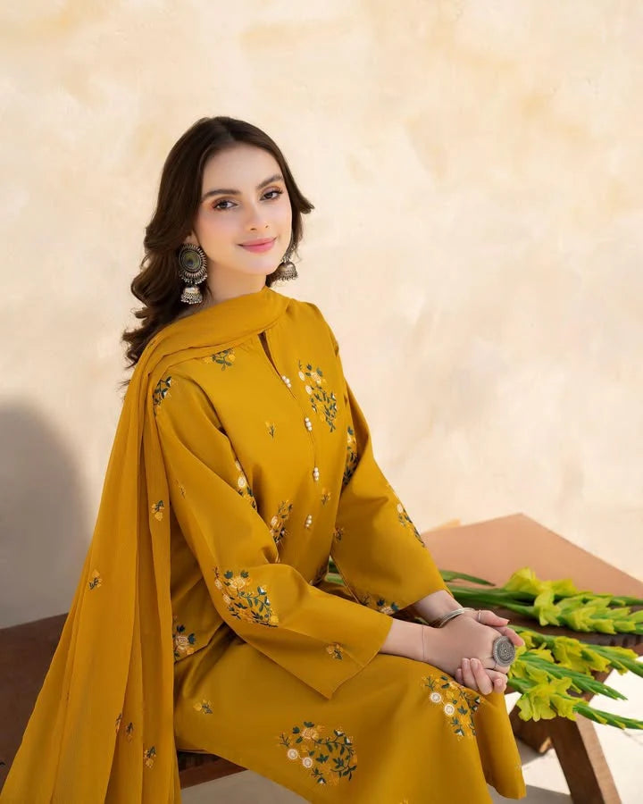 MRS-420 | Mustard 3 Piece Stitched Lawn Suit