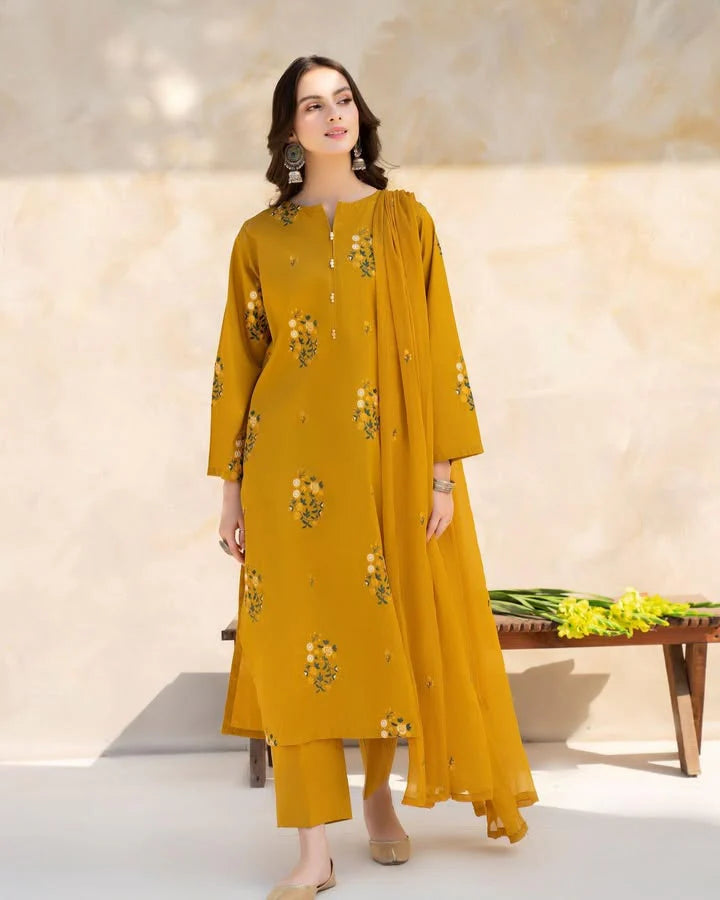 MRS-420 | Mustard 3 Piece Stitched Lawn Suit