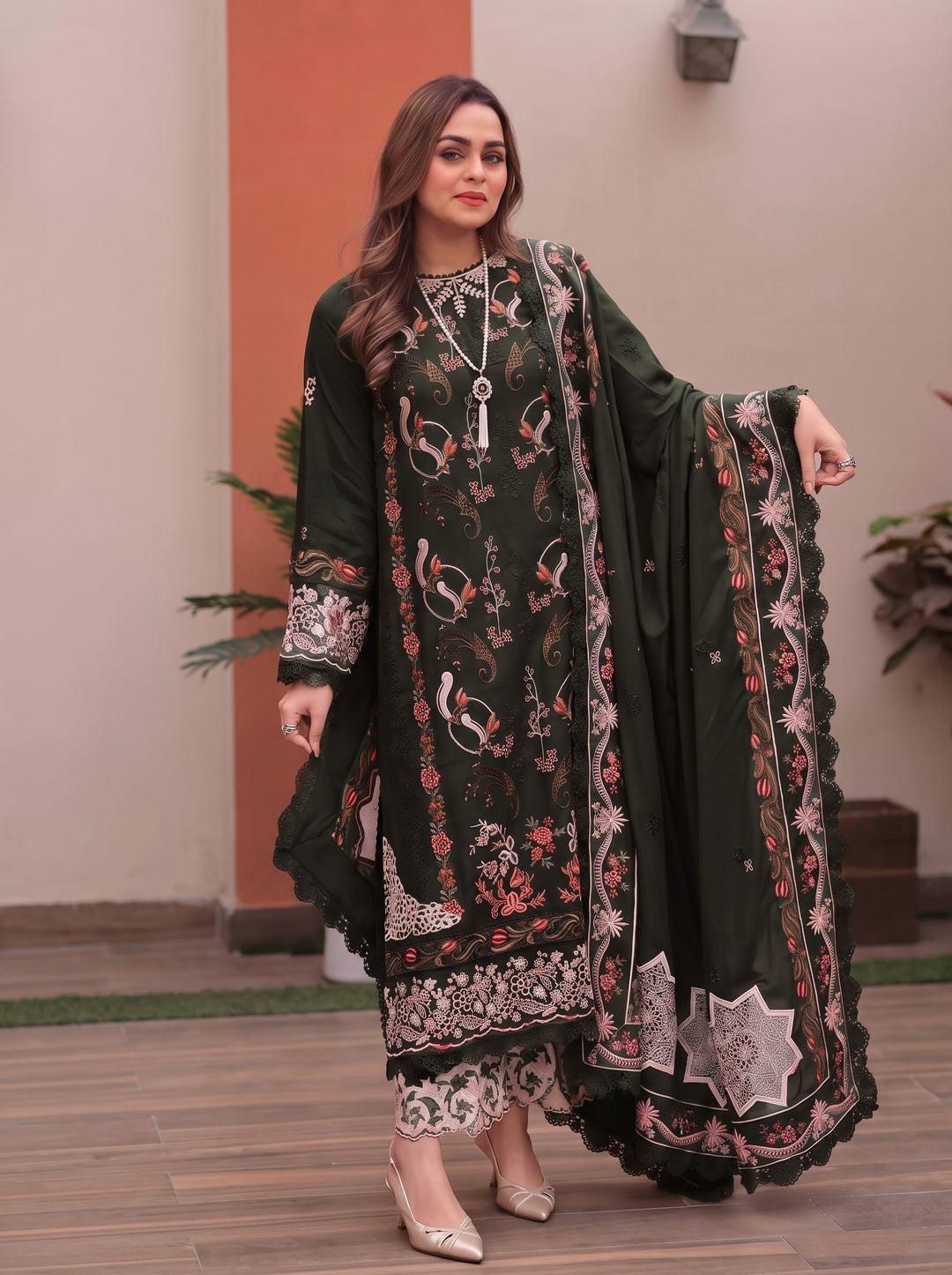 3PC DHANAK EMBROIDERED SHIRT WITH  EMBROIDERED SHAWL & TROUSER-SA-659
