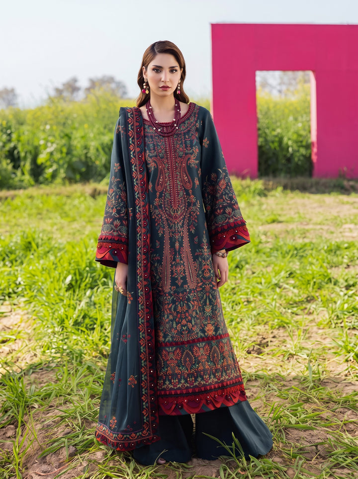 3PC UNSTITCHED DHANAK  EMBROIDERED SHIRT WITH EMBROIDERED SHAWL SA-653